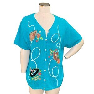 Susan Graver Button Up SS Sweater Embroidere Cowboy Rodeo Theme XL 114D